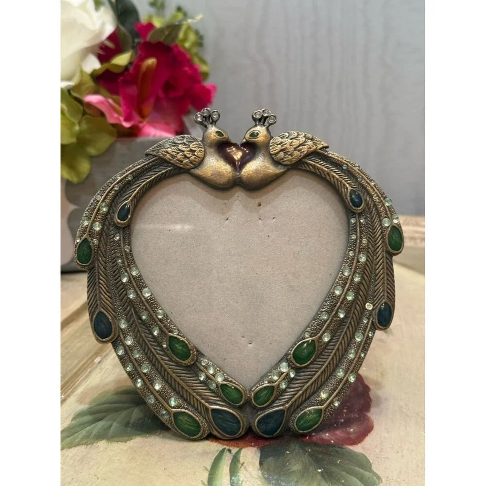 Ornate Heart Shaped Faux Jeweled Double Peacock Picture Photo Frame Art Deco